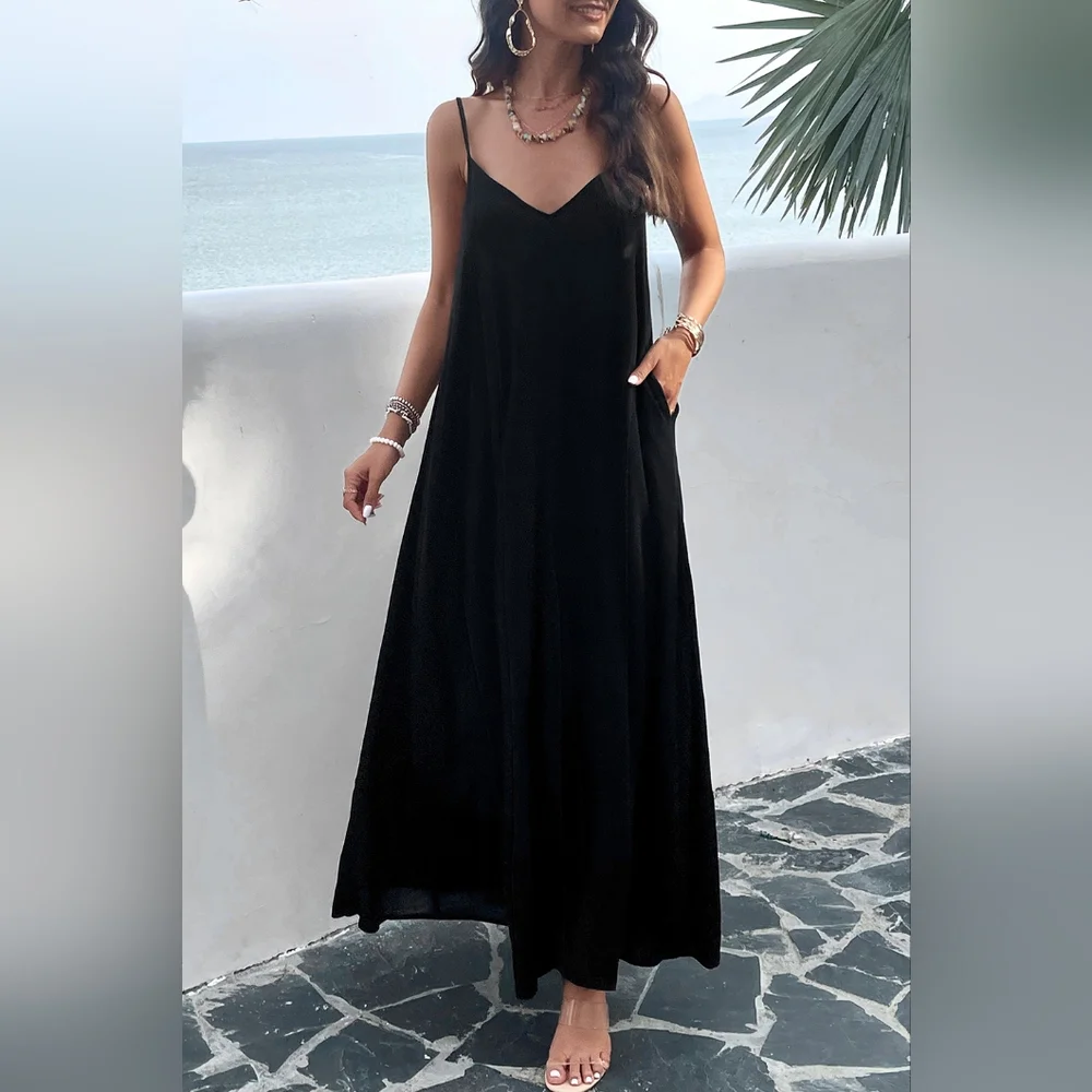 Oversized Pocket Casual Sleeveless V-Neck Low Back Long Summer Maxi Dress - Picture 1 of 16